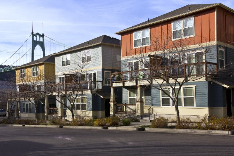 Row of New Duplexes Homes in St John Oregon. Stock Image Image of