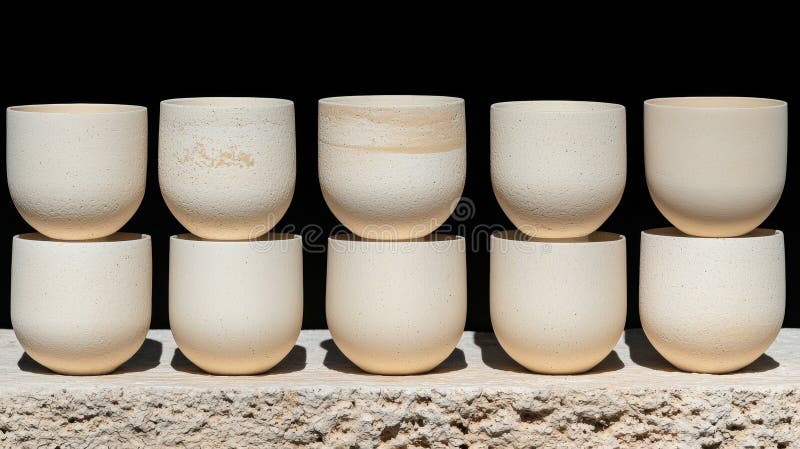 A row of nine white ceramic cups with varying patterns and designs. stock photography