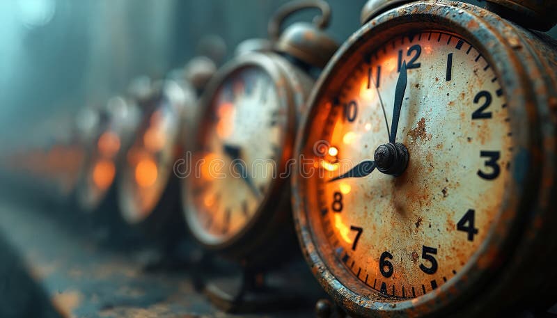 Row of old rusty alarm clocks stands in line. Shows time concept. Many vintage clock faces show worn numbers, textures. Clock stock illustration
