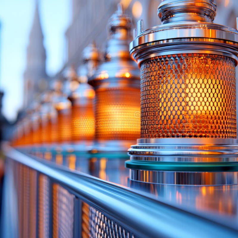 Row of ornate lanterns intricate metalwork glowing warmly in golden light atmospheric depth traditional craftsmanship spiritual vector illustration