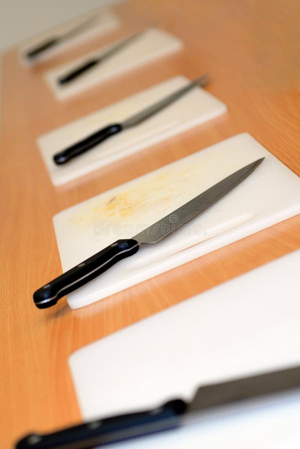 Row Plastic Chopping Boards Knives Stock Photos Free & RoyaltyFree