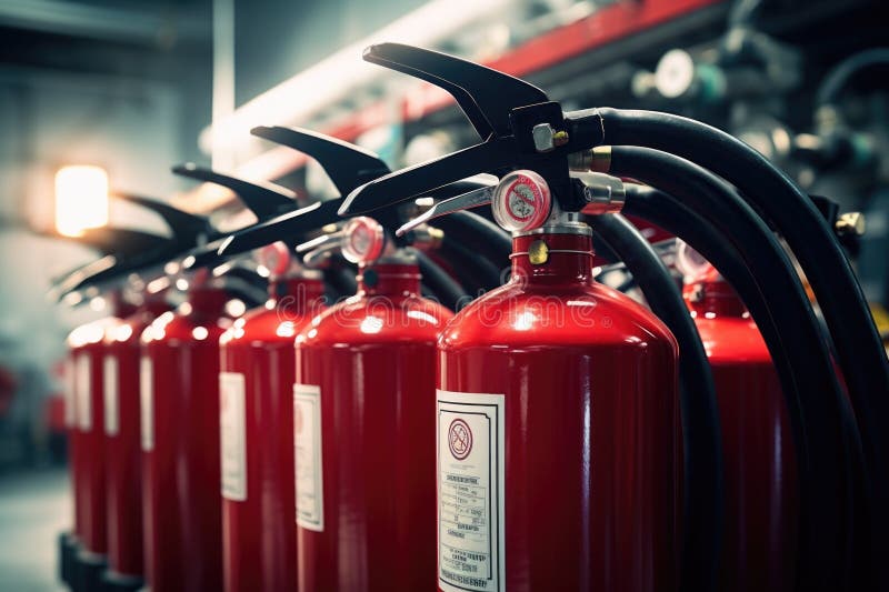 A row of red fire extinguishers lined up. Perfect for safety and emergency concepts stock photo