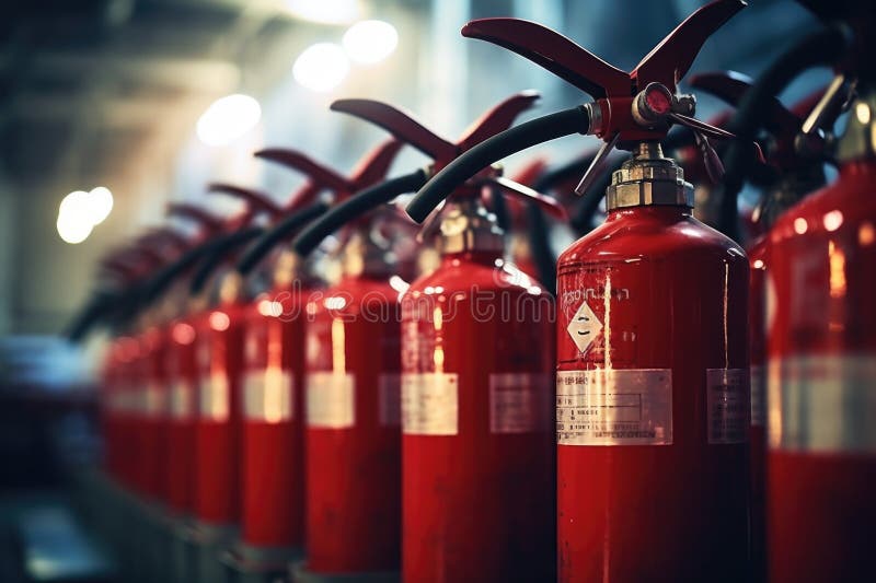 A row of red fire extinguishers lined up. Useful for fire safety concepts stock image