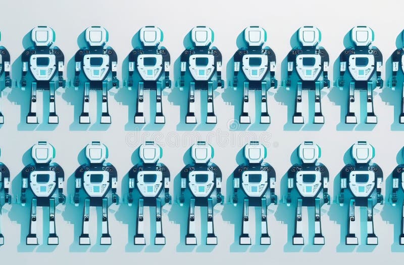 A row of robots are lined up in a row on a white background. High quality. Robots working futuristic office stock images, royalty-free photos and pictures