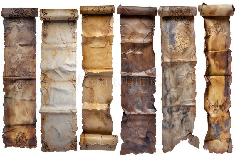 A row of rolled up papers on a white background, ready for filing or organizing stock images