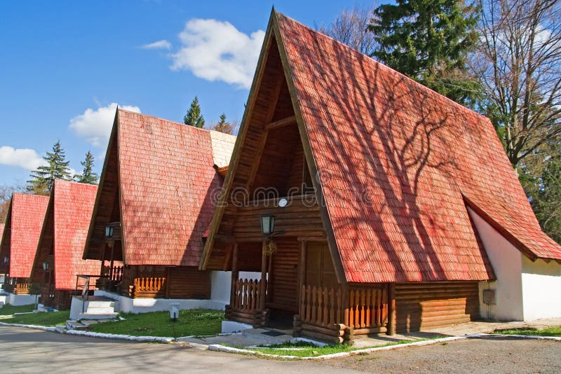 Row of rustic cabins