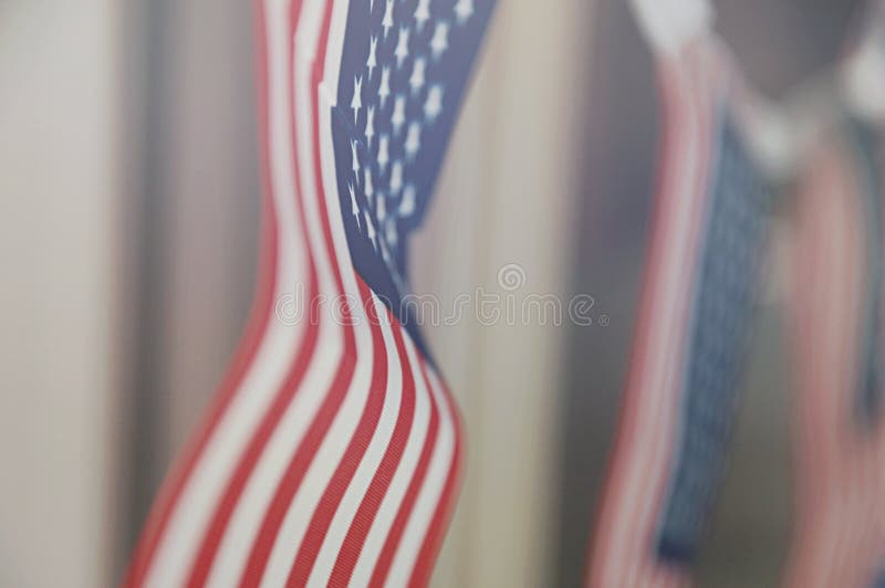Row of small identical American flags, decorative for themes of summer, pride, Americana, USA flag concept.