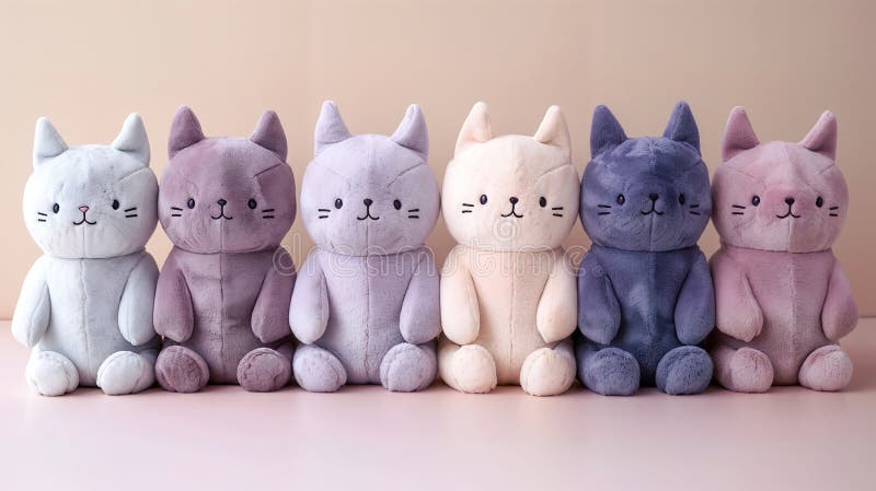 A row of stuffed cats in different colors. The cats are sitting in a line stock illustration