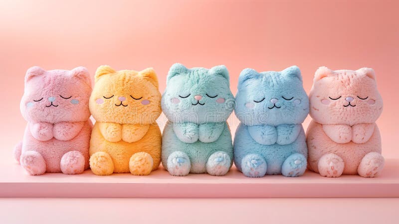 A row of stuffed cats, each of a different colour, are sitting on a shelf stock illustration