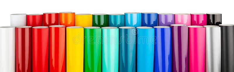 Row of various rainbow colored vinyl car wrapping or plotter cutting sticker plastic foil film rolls isolated white wide panorama