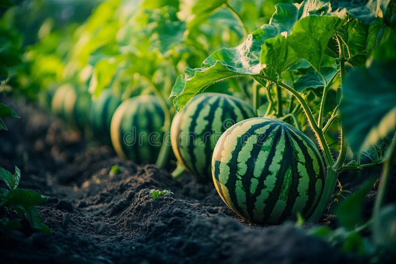A row of watermelons growing in a field of green plants stock photos