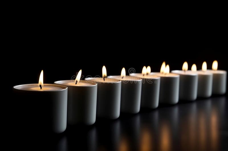 Row of White Tea Candles Perfectly Aligned on a Smooth Surface
