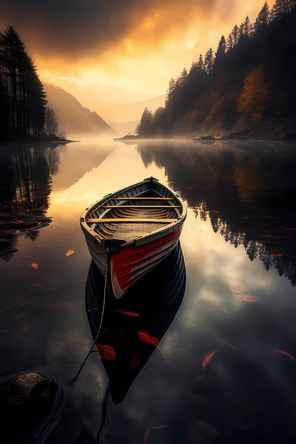 rowboat in cove at dawn