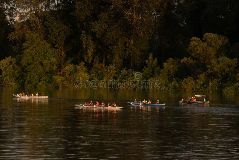 Rowers участвуя в гонке длинные раковины вниз с реки стоковое изображение Rowers участвуя в гонке длинные раковины вниз с реки стоковое изображение