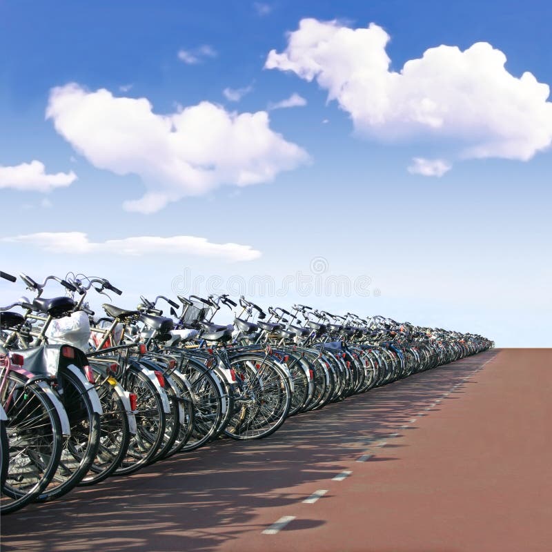 A very long row of bicycles. A very long row of bicycles