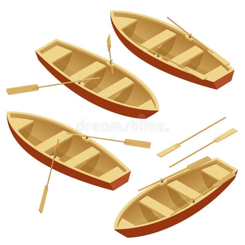 Rowing Boat Set. Wooden Boat With Paddles Isolated Over ...