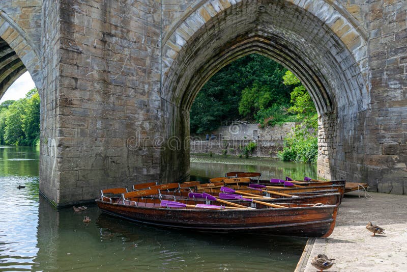 Rowing boats lined up on the Wear river in the city centre of Durham