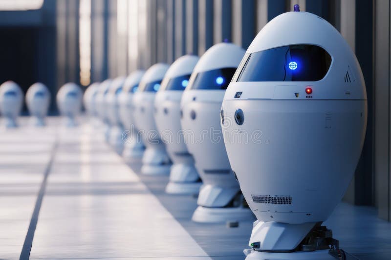 Advanced security robots lined up in a modern urban environment during daylight hours stock image