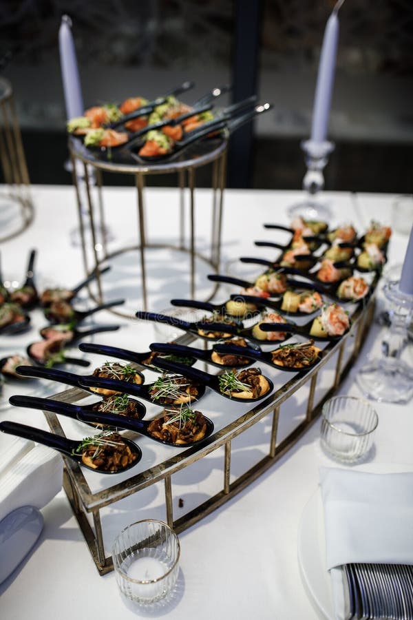 Rows of Appetizers and Starters on the Wedding Table Stock Image