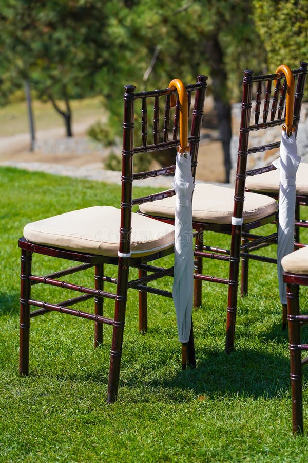 Rows of Chairs for Guests at an Openair Wedding Ceremony Stock Photo