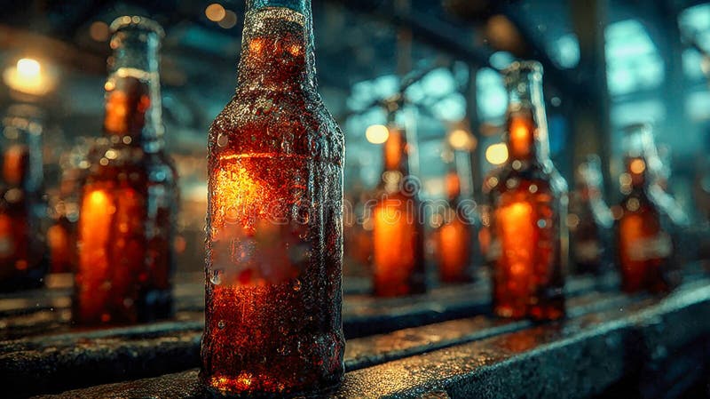 Rows of cold beer bottles on production line, glowing with light and condensation stock images