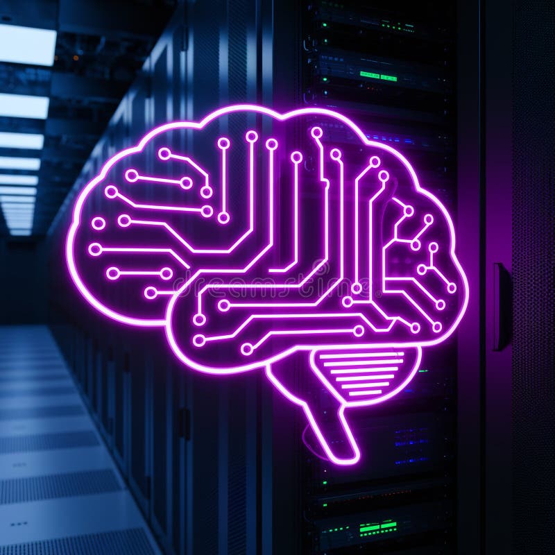 Rows of dark server racks with glowing indicator lights extend into the distance stock photos
