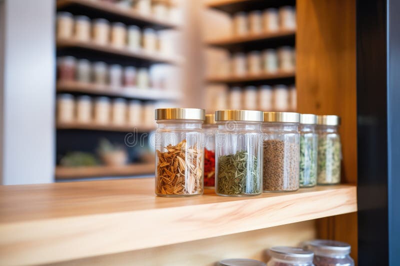 Rows of exotic tea leaves in clear jars on wooden shelves stock images