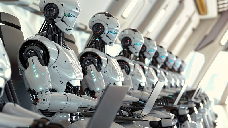 Rows of Futuristic Robotic Machines in Industrial Automation Factory stock illustration
