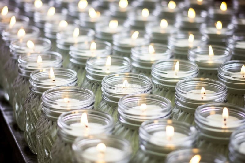 Rows of gleaming clear jars waiting for scented candles royalty free stock photos