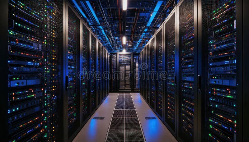 Data center interior featuring illuminated server racks and network equipment at night royalty free stock photo