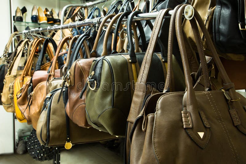 Rows of Leather Bags in Store. Stock Photo Image of handbag, beauty