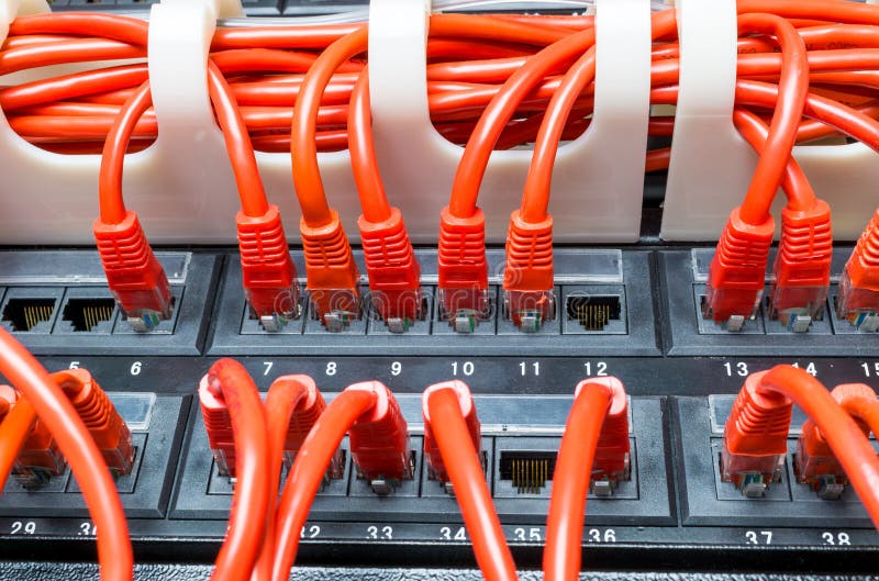 Rows of network cables connected to router and switch hub royalty free stock photography