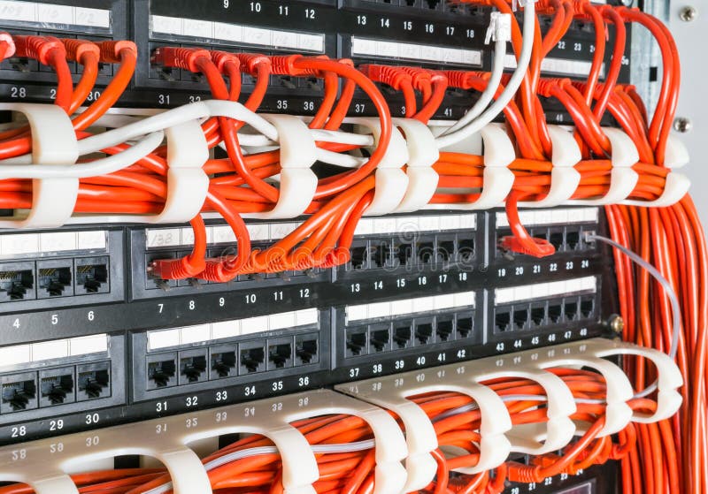 Rows of Network Cables Connected To Router and Switch Hub Stock Photo