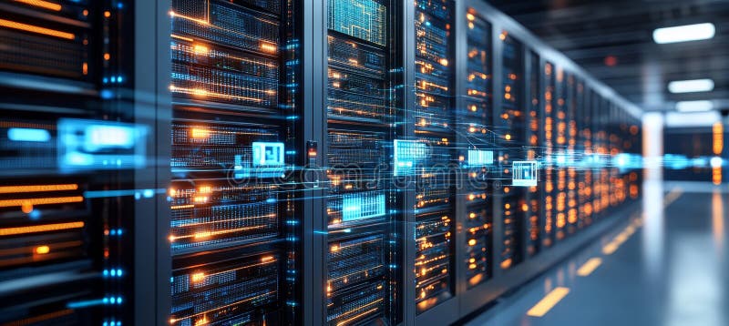 Rows of Network Servers with Flickering Lights in a Modern Data Center, Big Data, Cloud Computing stock illustration