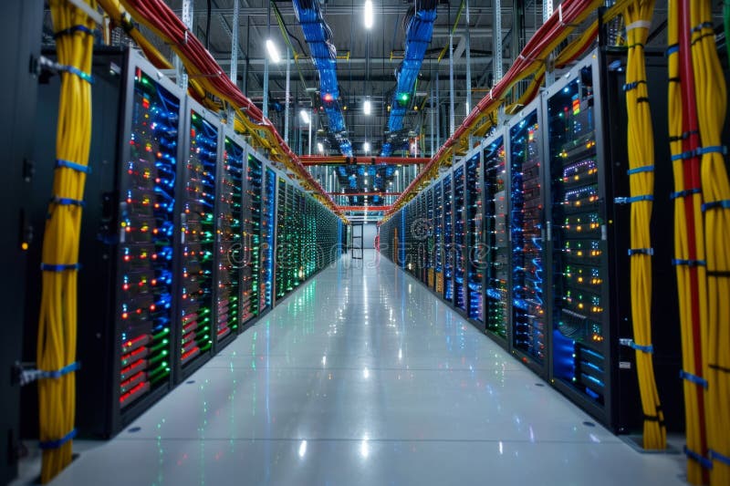 Rows of racks with servers of a data center stock image