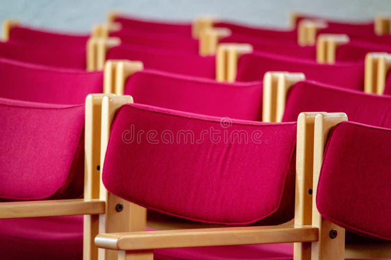 Rows Of Red Wooden Chairs In Church Stock Image Image Of Room