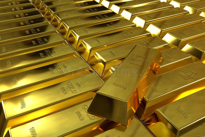 Rows of rendered gold bars stock illustration. Illustration of glossy