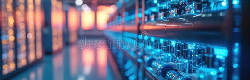 Rows of server racks in data center with blue-lit pipes, orange glow. Liquid cooling systems for high-performance computing. vector illustration