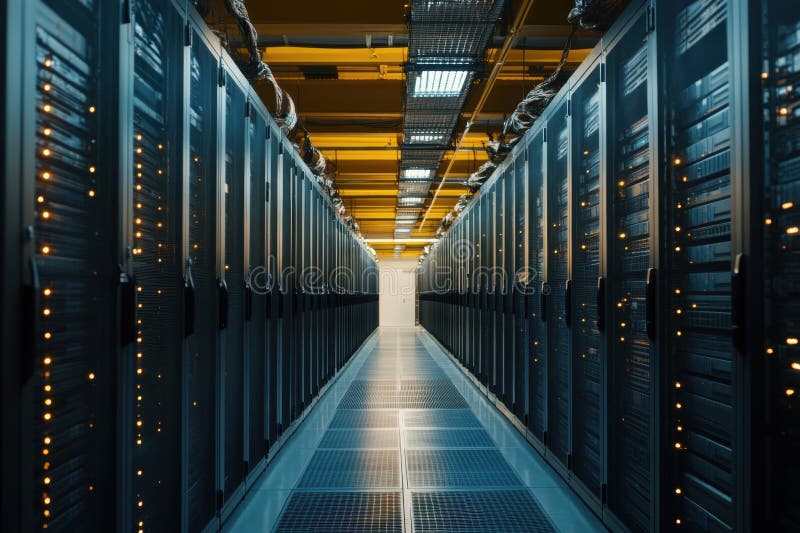 Rows of server racks in a data center illuminated by overhead lights royalty free stock image