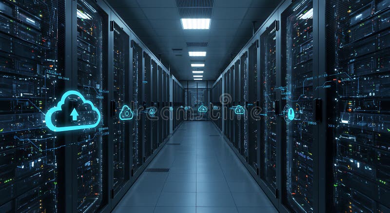 Rows of server racks line a narrow corridor in a modern data center. vector illustration