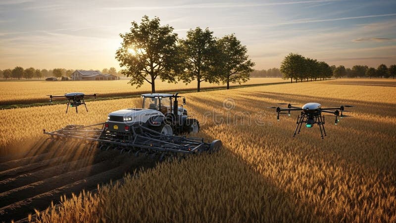 Rows of wheat or similar crops are visible, bordered by a line of trees royalty free illustration