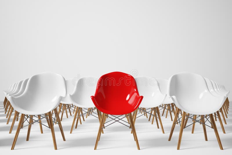 Rows of white and red chairs, front