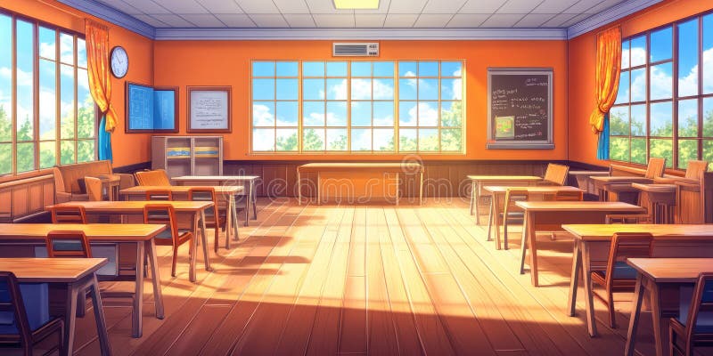 Rows of Wooden Chairs Bathed in Sunlight, Awaiting the Lively Discourse and Shared Learning That Will Fill This Empty Classroom royalty free illustration