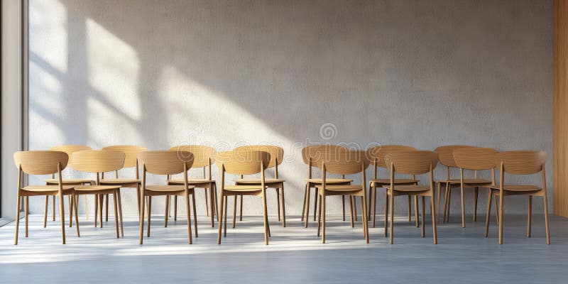 Rows of Wooden Chairs Bathed in Sunlight, Awaiting the Lively Discourse and Shared Learning That Will Fill This Empty Classroom royalty free illustration