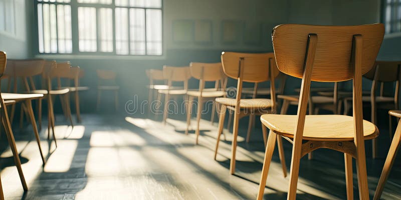 Rows of Wooden Chairs Bathed in Sunlight, Awaiting the Lively Discourse and Shared Learning That Will Fill This Empty Classroom stock illustration