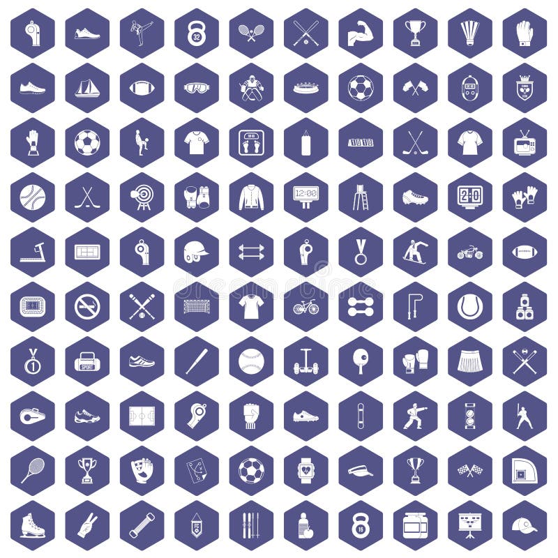 Roxo do hexágono de 100 ícones do atleta ilustração stock