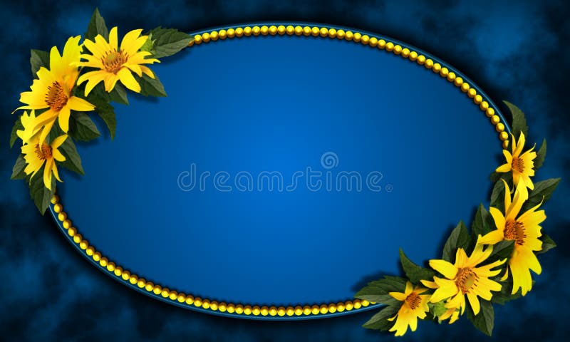 Elliptic frame, royal blue coloured, with yellow daisies. Yellow pearls are decorating the edge of the shape, on a marbled black and blue background. Elliptic frame, royal blue coloured, with yellow daisies. Yellow pearls are decorating the edge of the shape, on a marbled black and blue background.