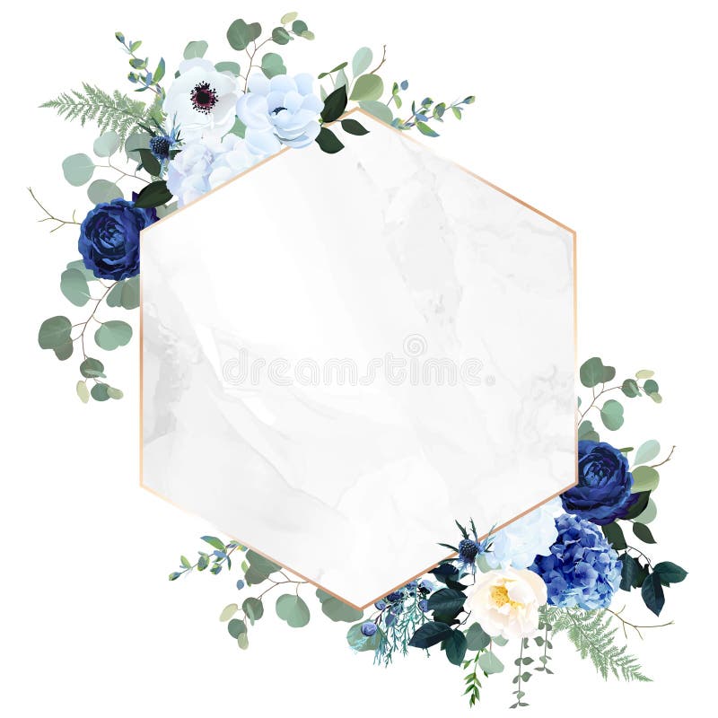 Royal blue, navy garden rose, white hydrangea flowers, anemone, thistle, eucalyptus