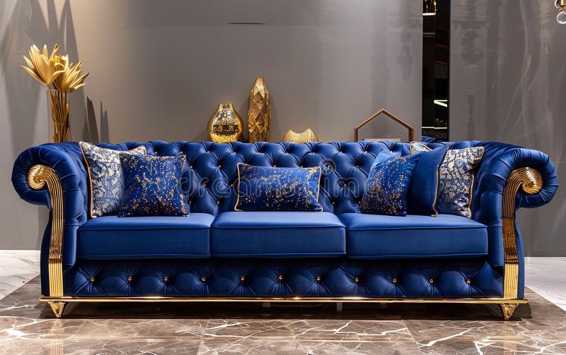 Royal Blue Sofa in Elegant Living Room Generative Ai Stock Image