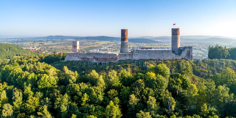 Royal castle in Checiny, Poland. Aerial panorama